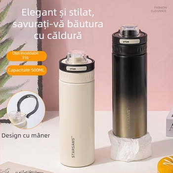 Sticlă de apă din oțel inoxidabil 316, izolație în vid, cu mâner, capacitate mare, pentru sport și mașină, cu pai dublu