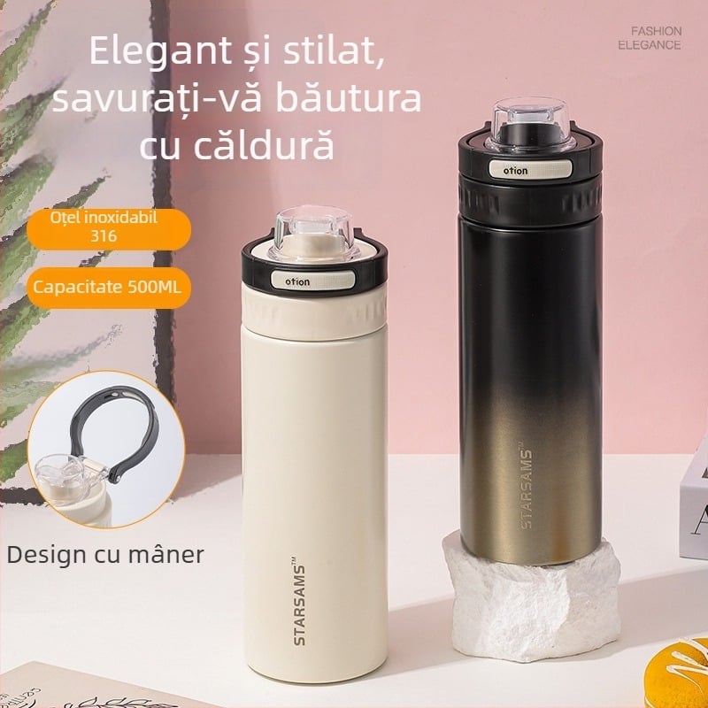 Sticlă de apă din oțel inoxidabil 316, izolație în vid, cu mâner, capacitate mare, pentru sport și mașină, cu pai dublu