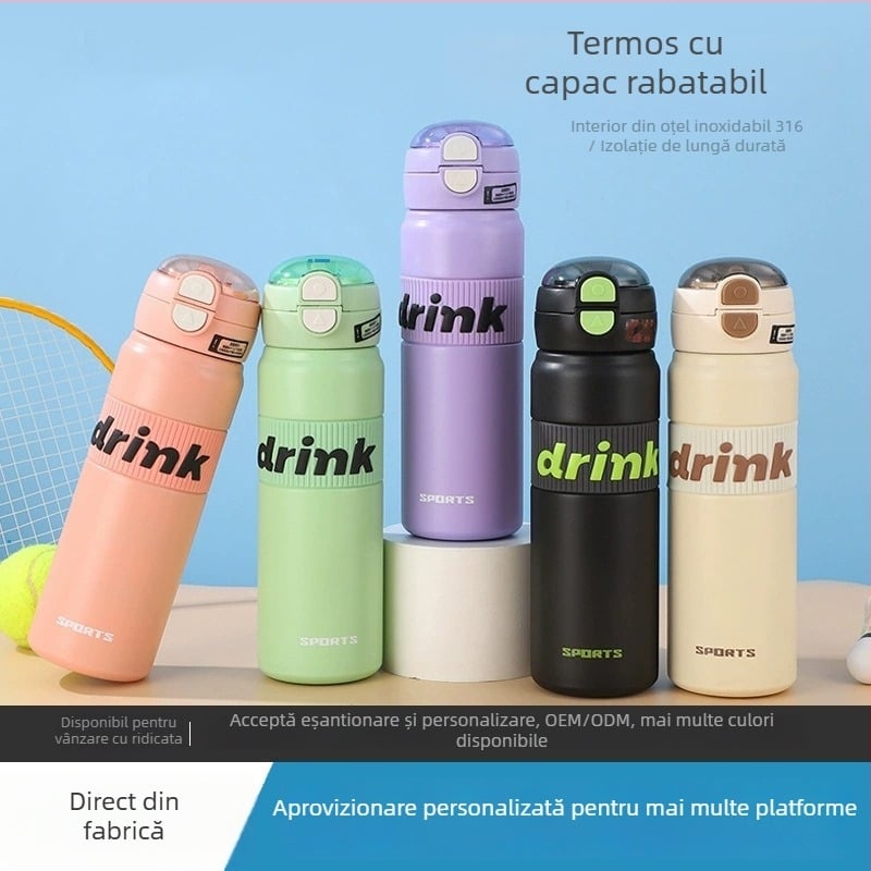 Cană termos cu mâner, cu două opțiuni de băut, cu pai, portabilă pentru elevi, personalizabilă