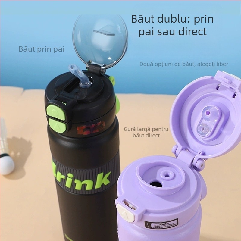 Cană termos cu mâner, cu două opțiuni de băut, cu pai, portabilă pentru elevi, personalizabilă