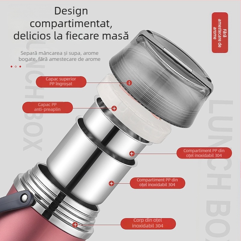 Recipient pentru prânz din oțel inoxidabil 304, izolație în vid, 2 L, pentru birou și studenți