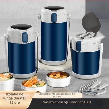 Cutie pentru prânz din oțel inoxidabil 304, cu 3 straturi, portabilă pentru birou, menține mâncarea caldă până la 24 de ore.