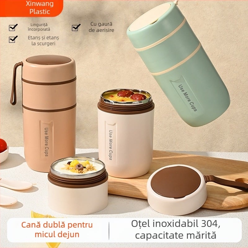 Cana de mic dejun din oțel inoxidabil 304, pereți dubli, pentru birou, cană portabilă pentru supă și terci, sigilată, cu lingură, cutie pentru prânz