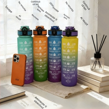 Sticlă de apă mare capacitate, pai din plastic, culoare gradient, design sport pentru exterior