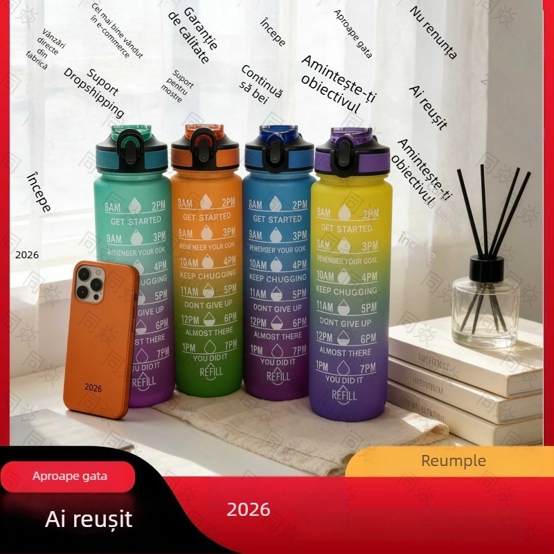 Sticlă de apă mare capacitate, pai din plastic, culoare gradient, design sport pentru exterior