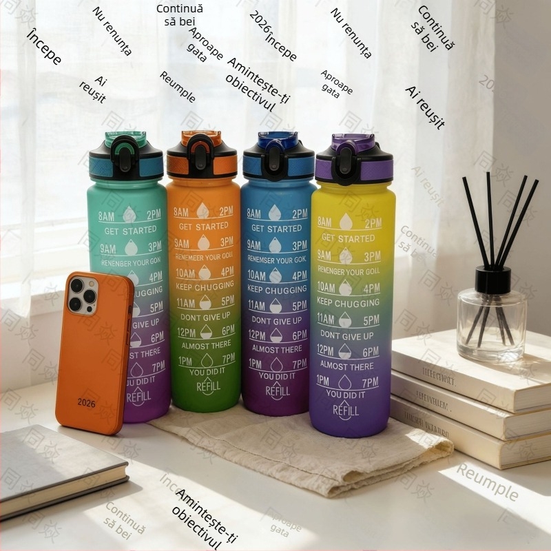 Sticlă de apă mare capacitate, pai din plastic, culoare gradient, design sport pentru exterior