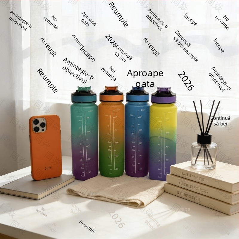 Sticlă de apă mare capacitate, pai din plastic, culoare gradient, design sport pentru exterior