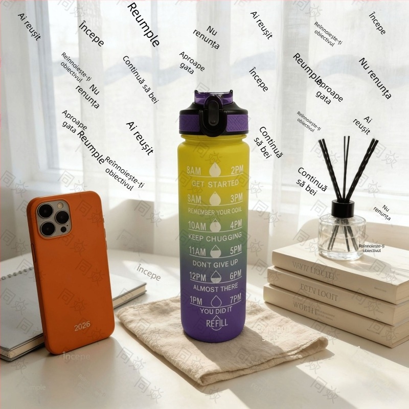 Sticlă de apă mare capacitate, pai din plastic, culoare gradient, design sport pentru exterior
