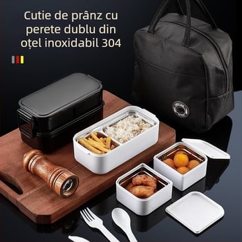 Cutie pentru prânz din oțel inox, izotermă, compatibilă cu microundele, cu furculiță și lingură, de calitate alimentară