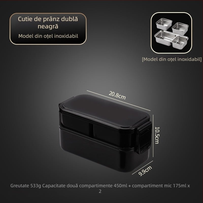 Cutie pentru prânz din oțel inox, izotermă, compatibilă cu microundele, cu furculiță și lingură, de calitate alimentară