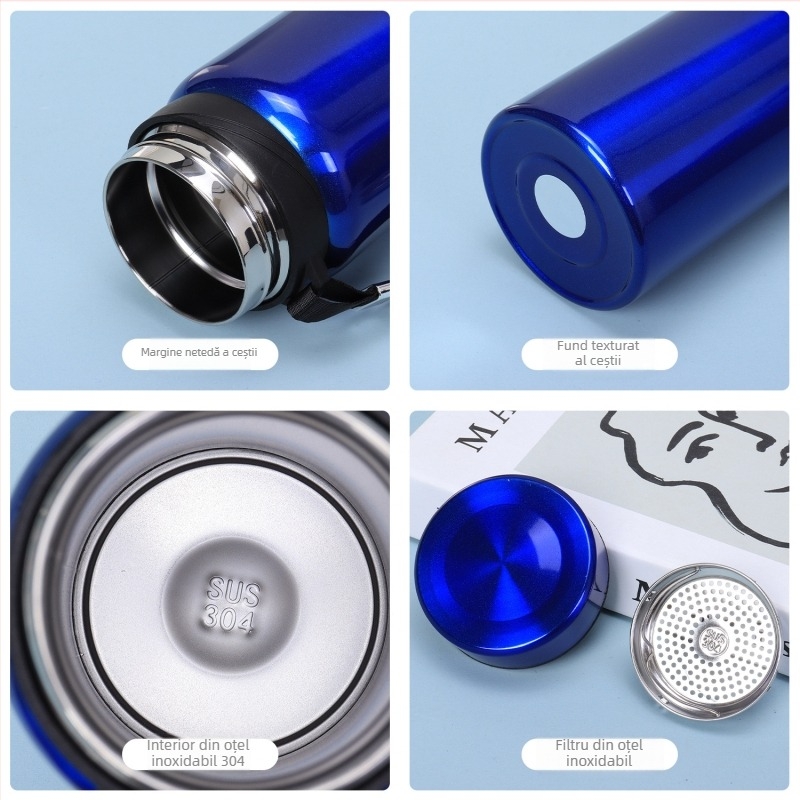 Ceai termic portabil cu izolație vid, capacitate mare pentru birou; interior din oțel inoxidabil 304, exterior din 201; izolație 6–12 ore; logo personalizat (gravare cu laser, serigrafie, imprimare 3D)