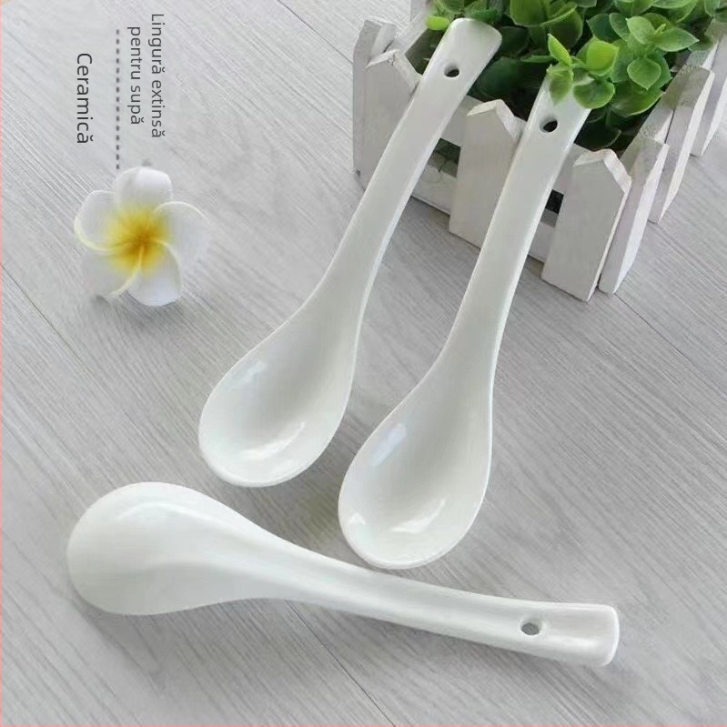 Lingură ceramică albă pentru restaurante, cu mâner extins, lingură de supă cu fund plat.