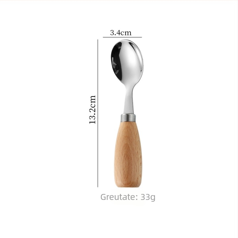 Lingură din oțel inoxidabil 304, mâner din lemn de fag, pentru copii și sugari, bol rotund, învățarea alimentației, lingură de supă, veselă portabilă minimalistă