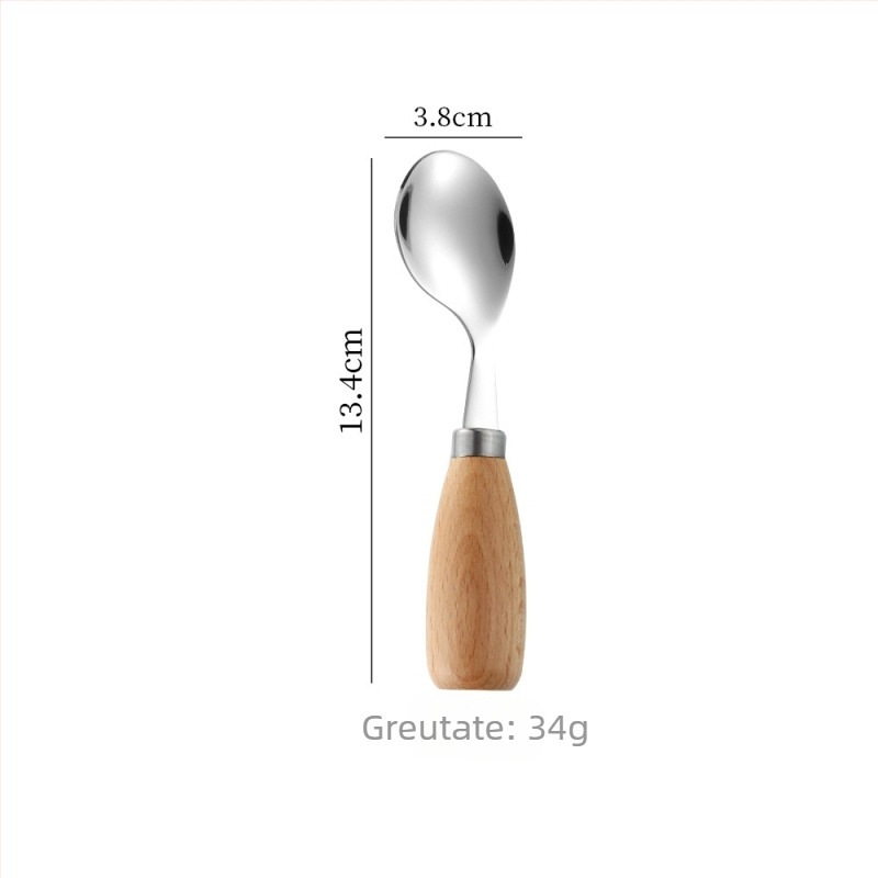 Lingură din oțel inoxidabil 304, mâner din lemn de fag, pentru copii și sugari, bol rotund, învățarea alimentației, lingură de supă, veselă portabilă minimalistă