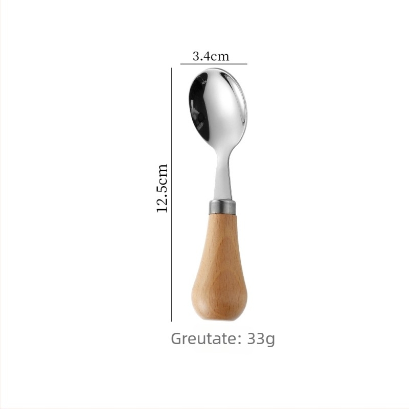 Lingură din oțel inoxidabil 304, mâner din lemn de fag, pentru copii și sugari, bol rotund, învățarea alimentației, lingură de supă, veselă portabilă minimalistă