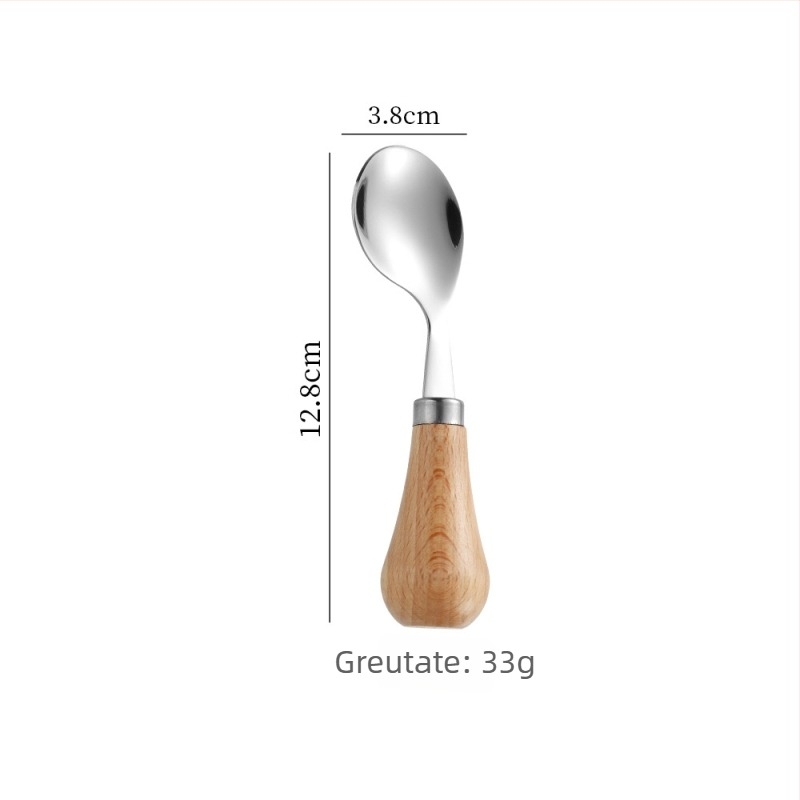 Lingură din oțel inoxidabil 304, mâner din lemn de fag, pentru copii și sugari, bol rotund, învățarea alimentației, lingură de supă, veselă portabilă minimalistă