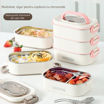 Cutie termoizolantă pentru prânz din oțel inoxidabil 304, cu mai multe straturi și compartimente, compatibilă cu cuptorul cu microunde, portabilă, pentru elevi și angajați