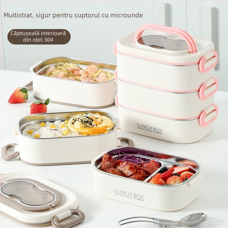 Cutie termoizolantă pentru prânz din oțel inoxidabil 304, cu mai multe straturi și compartimente, compatibilă cu cuptorul cu microunde, portabilă, pentru elevi și angajați