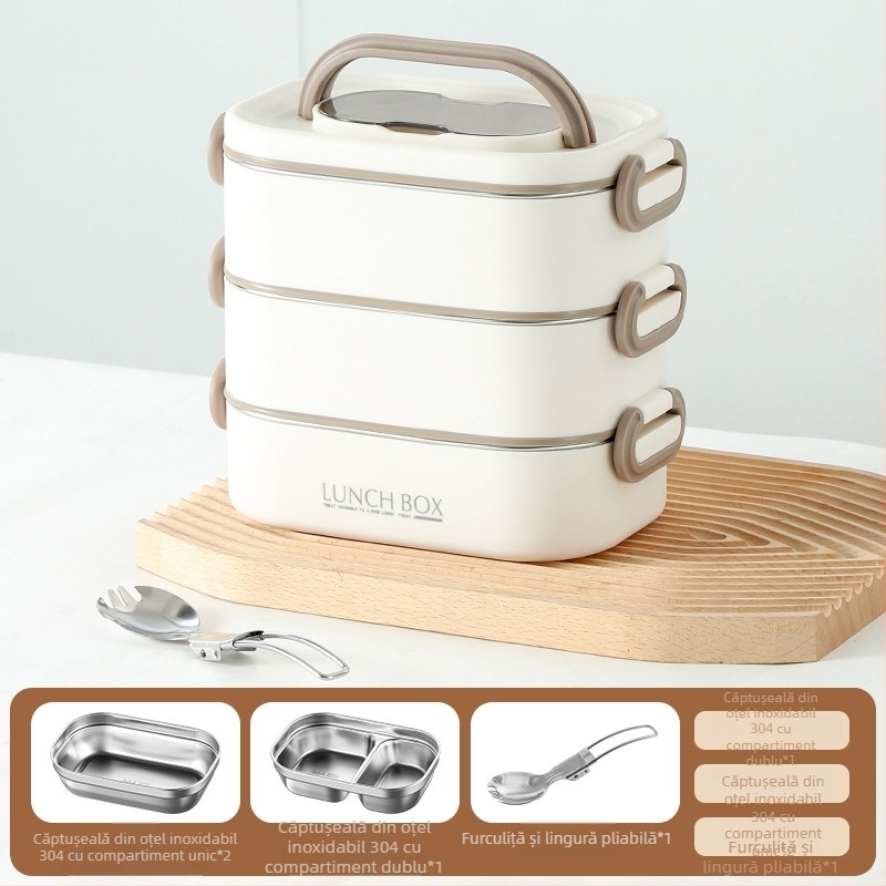 Cutie termoizolantă pentru prânz din oțel inoxidabil 304, cu mai multe straturi și compartimente, compatibilă cu cuptorul cu microunde, portabilă, pentru elevi și angajați
