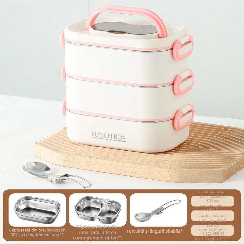 Cutie termoizolantă pentru prânz din oțel inoxidabil 304, cu mai multe straturi și compartimente, compatibilă cu cuptorul cu microunde, portabilă, pentru elevi și angajați