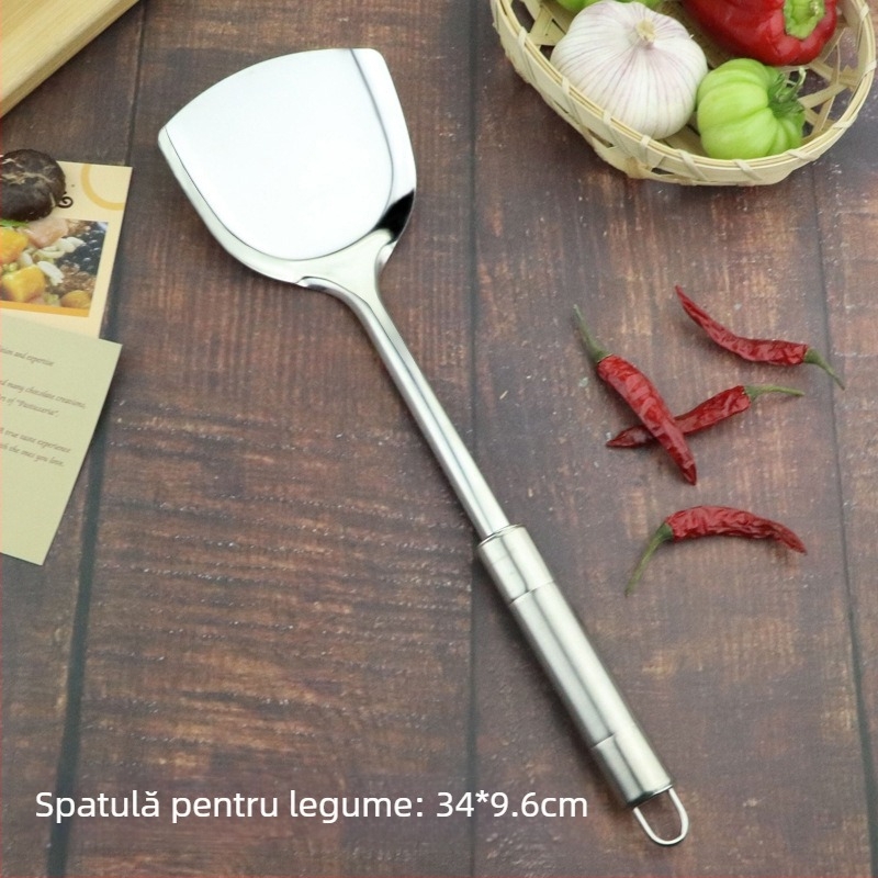 Set de ustensile din oțel inoxidabil: spatulă pentru legume, lingură de supă, spatulă pentru prăjit și spatulă cu cap dublu, mâner lucios; oțel inoxidabil 201 nemagnetic.