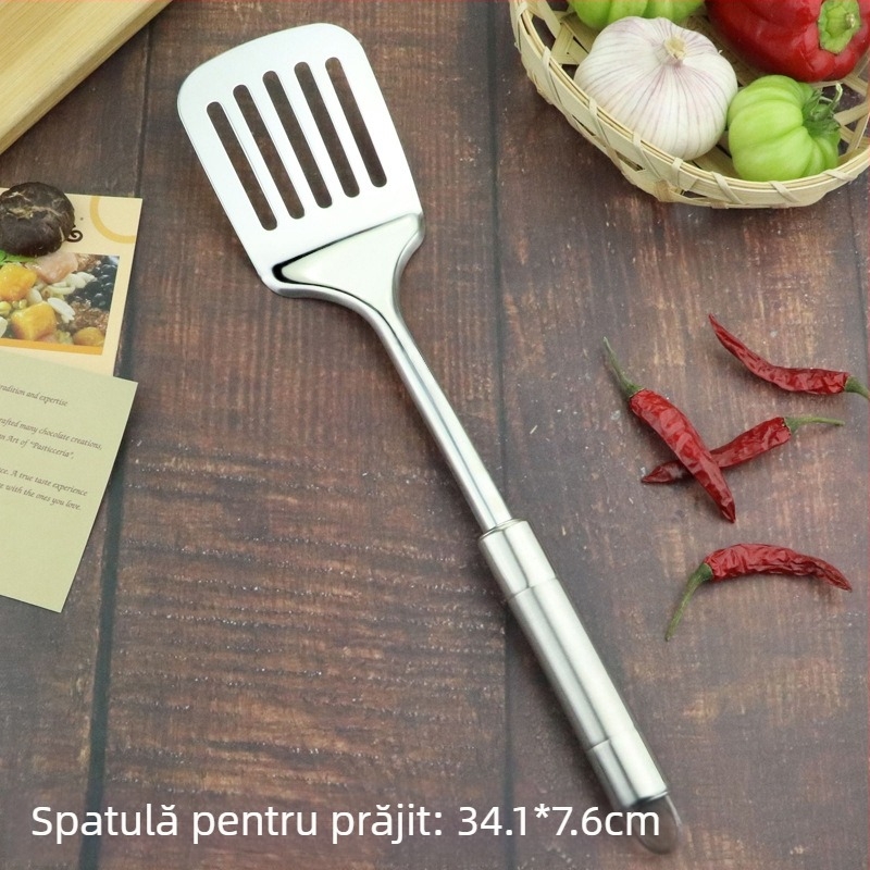 Set de ustensile din oțel inoxidabil: spatulă pentru legume, lingură de supă, spatulă pentru prăjit și spatulă cu cap dublu, mâner lucios; oțel inoxidabil 201 nemagnetic.