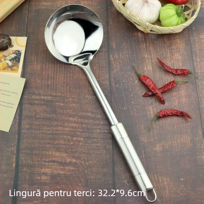 Set de ustensile din oțel inoxidabil: spatulă pentru legume, lingură de supă, spatulă pentru prăjit și spatulă cu cap dublu, mâner lucios; oțel inoxidabil 201 nemagnetic.