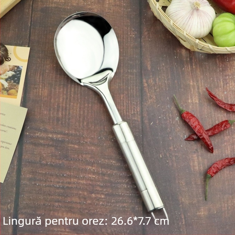 Set de ustensile din oțel inoxidabil: spatulă pentru legume, lingură de supă, spatulă pentru prăjit și spatulă cu cap dublu, mâner lucios; oțel inoxidabil 201 nemagnetic.