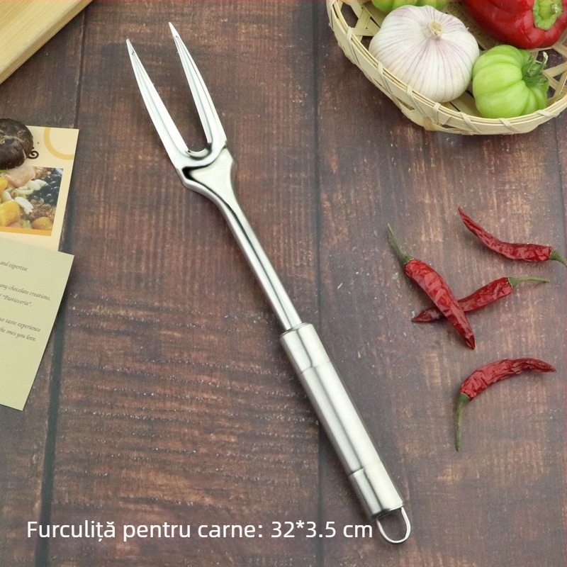 Set de ustensile din oțel inoxidabil: spatulă pentru legume, lingură de supă, spatulă pentru prăjit și spatulă cu cap dublu, mâner lucios; oțel inoxidabil 201 nemagnetic.
