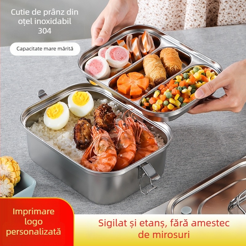 Cutie pentru prânz din oțel inoxidabil 304, capacitate mare, două compartimente, pentru angajați și studenți, portabilă