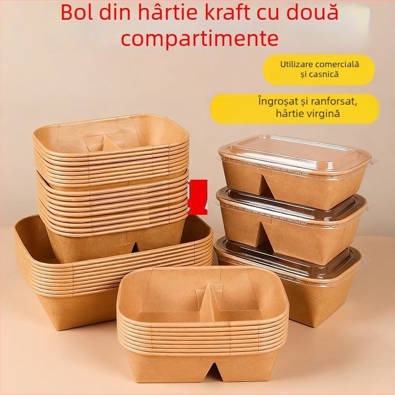 Cutie de prânz din carton kraft cu două compartimente, tacâmuri de unică folosință, potrivită pentru încălzire și refrigerare, cutie dreptunghiulară pentru picnic