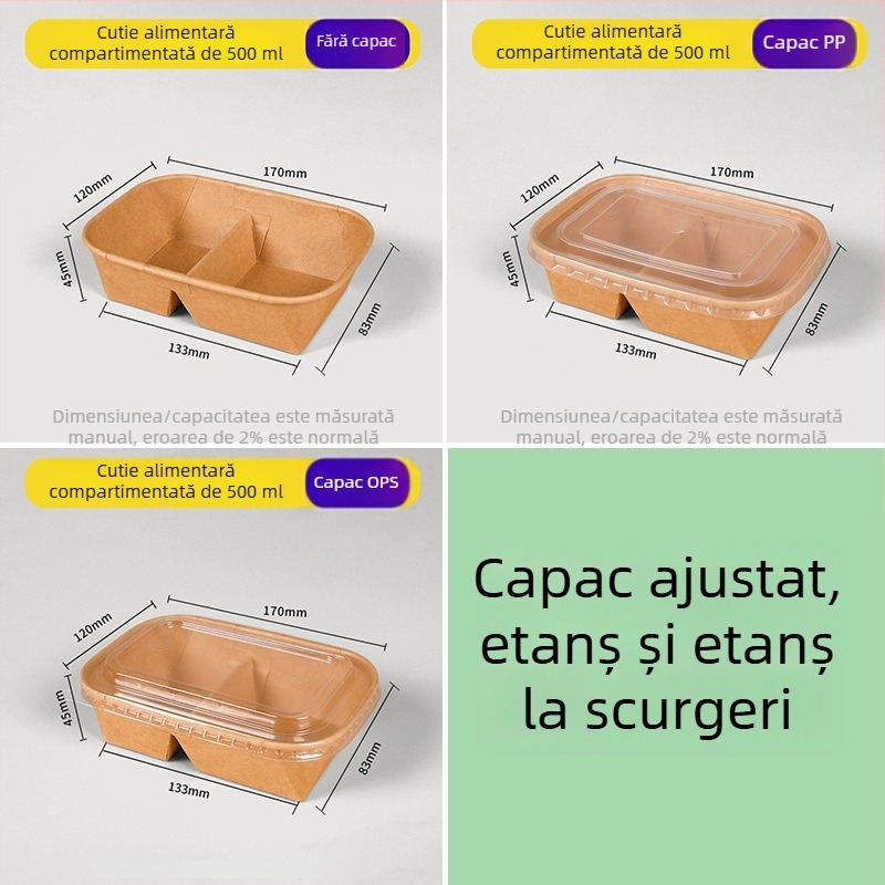 Cutie de prânz din carton kraft cu două compartimente, tacâmuri de unică folosință, potrivită pentru încălzire și refrigerare, cutie dreptunghiulară pentru picnic