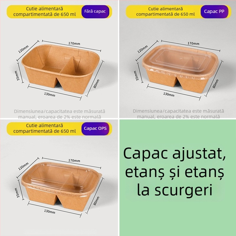Cutie de prânz din carton kraft cu două compartimente, tacâmuri de unică folosință, potrivită pentru încălzire și refrigerare, cutie dreptunghiulară pentru picnic