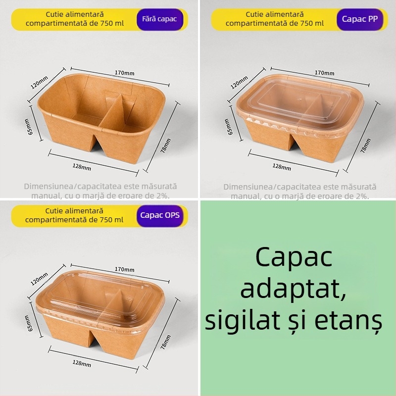 Cutie de prânz din carton kraft cu două compartimente, tacâmuri de unică folosință, potrivită pentru încălzire și refrigerare, cutie dreptunghiulară pentru picnic