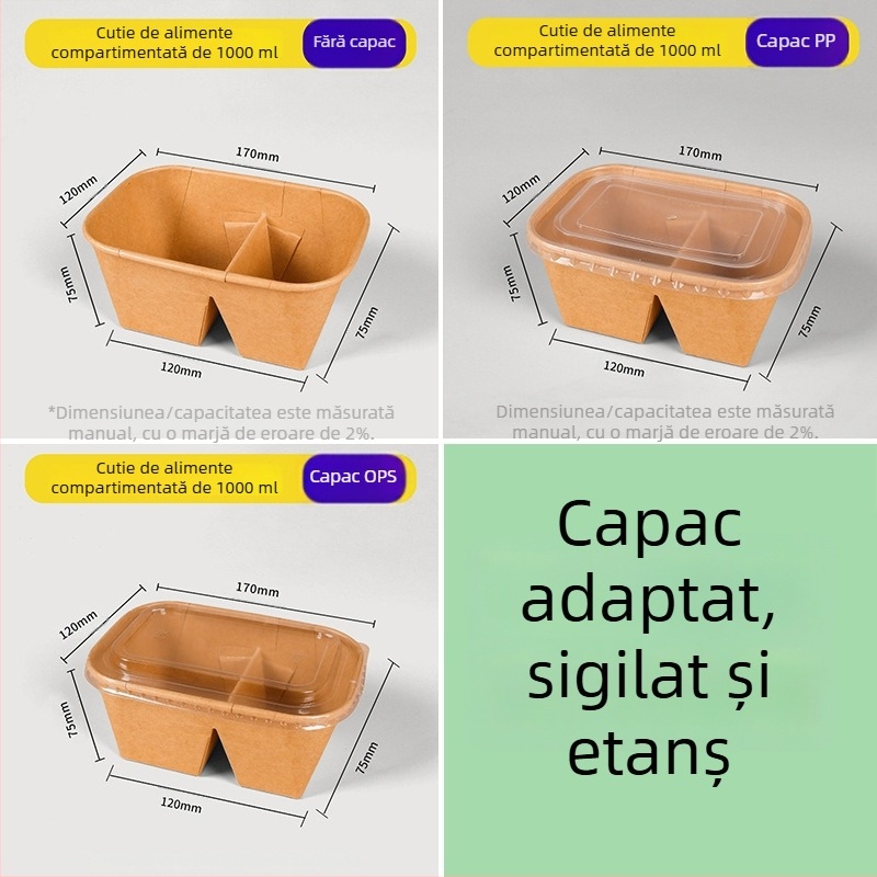 Cutie de prânz din carton kraft cu două compartimente, tacâmuri de unică folosință, potrivită pentru încălzire și refrigerare, cutie dreptunghiulară pentru picnic
