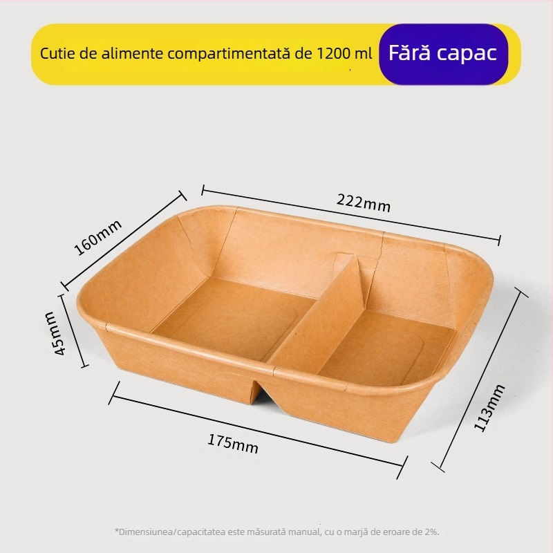 Cutie de prânz din carton kraft cu două compartimente, tacâmuri de unică folosință, potrivită pentru încălzire și refrigerare, cutie dreptunghiulară pentru picnic
