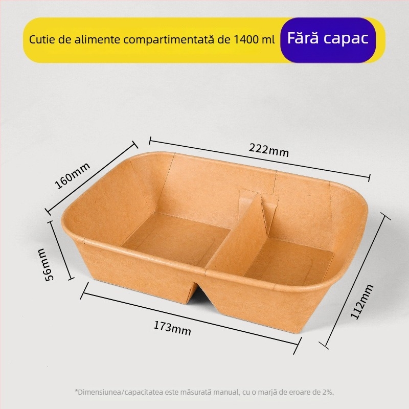 Cutie de prânz din carton kraft cu două compartimente, tacâmuri de unică folosință, potrivită pentru încălzire și refrigerare, cutie dreptunghiulară pentru picnic