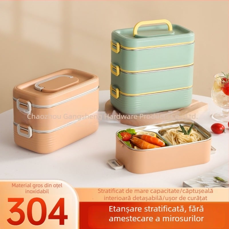 Cutie de prânz din oțel inoxidabil 304, cu compartimente separate, izolație, portabilă, design multistrat pentru studenți și angajați