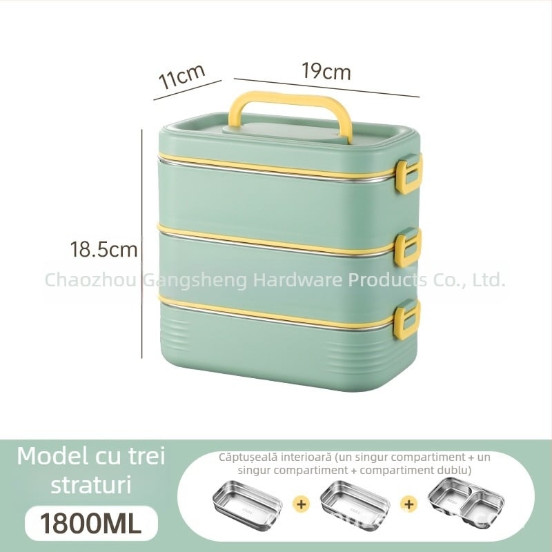 Cutie de prânz din oțel inoxidabil 304, cu compartimente separate, izolație, portabilă, design multistrat pentru studenți și angajați