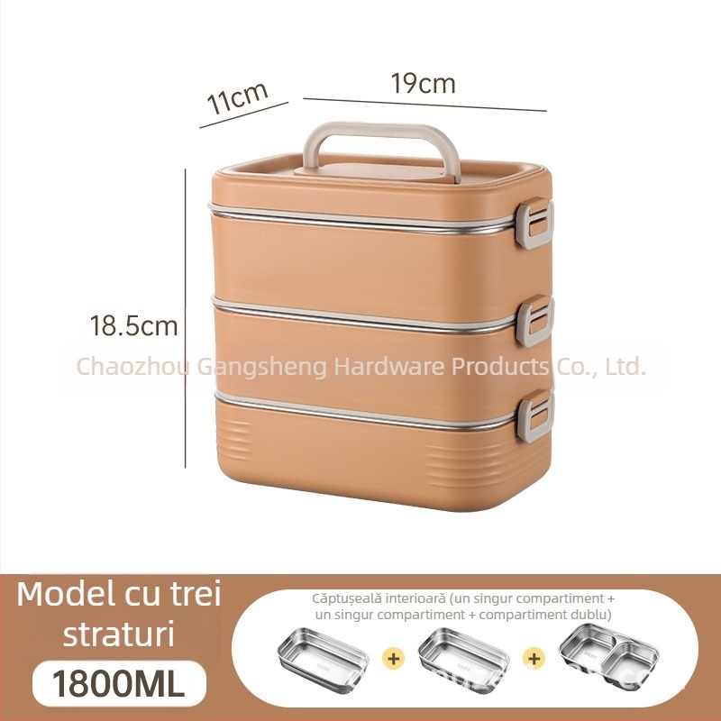 Cutie de prânz din oțel inoxidabil 304, cu compartimente separate, izolație, portabilă, design multistrat pentru studenți și angajați