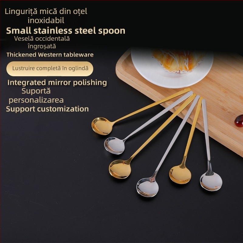 Lingură de cafea din oțel inoxidabil 304, cu mâner lung, linguriță mică rotundă, mini linguriță aurie pentru desert și amestecare lapte-ceai