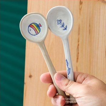 Set de linguri ceramice cu mâner lung, pictate manual cu personaje de desene animate, stil japonez, pentru supă și orez