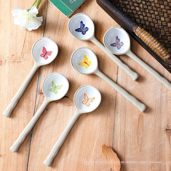 Set de linguri ceramice cu mâner lung, pictate manual cu personaje de desene animate, stil japonez, pentru supă și orez