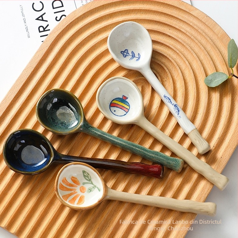 Set de linguri ceramice cu mâner lung, pictate manual cu personaje de desene animate, stil japonez, pentru supă și orez