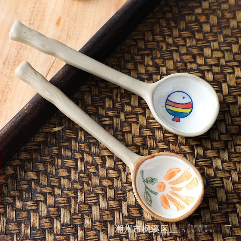 Set de linguri ceramice cu mâner lung, pictate manual cu personaje de desene animate, stil japonez, pentru supă și orez