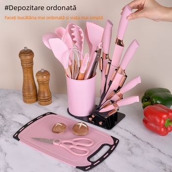 Set de ustensile de bucătărie din silicon, 19 piese, cuțite și ustensile cu spațiu de depozitare