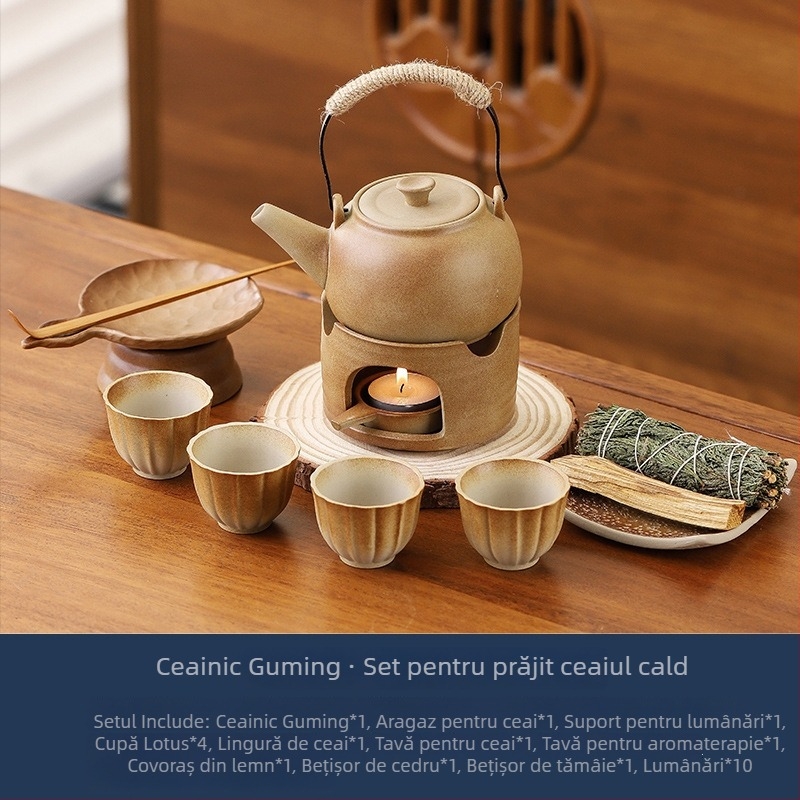 În stil japonez, încălzitor ceramic pentru ceai cu lumânare, difuzor de aromă pentru ceai și îmbunătățitor ceramic de aromă pentru frunze de ceai — set pentru ceremonia ceaiului
