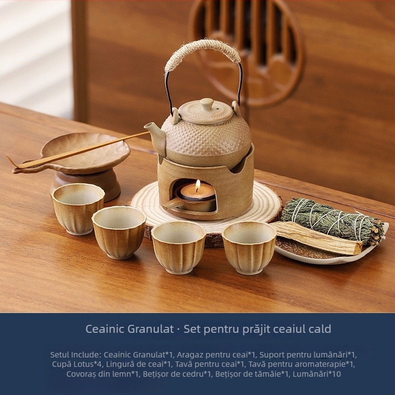 În stil japonez, încălzitor ceramic pentru ceai cu lumânare, difuzor de aromă pentru ceai și îmbunătățitor ceramic de aromă pentru frunze de ceai — set pentru ceremonia ceaiului