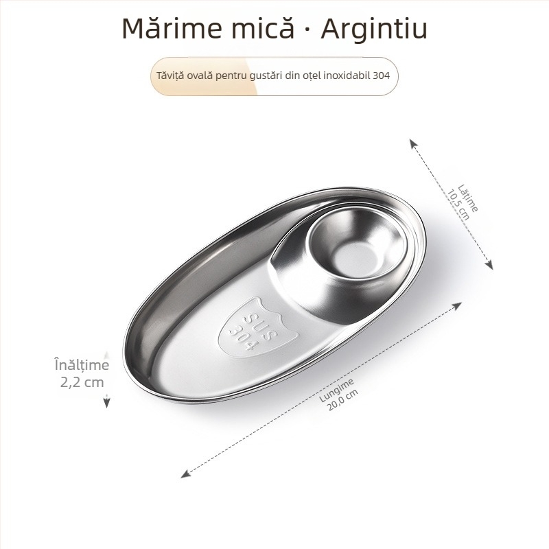 Farfurie ovală, puțin adâncă, din oțel inoxidabil 304, pentru barbecue coreean, cu recipient pentru sos