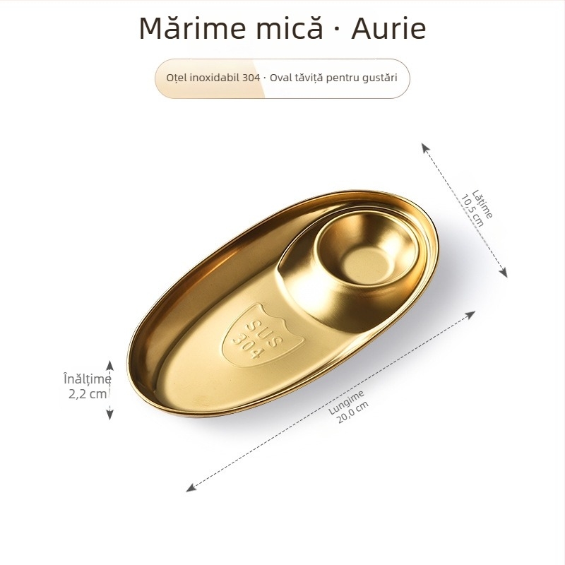 Farfurie ovală, puțin adâncă, din oțel inoxidabil 304, pentru barbecue coreean, cu recipient pentru sos